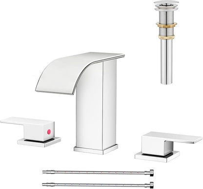 Waterfall Bathroom Faucet 3 Hole, Chrome 8 Inch Widespread Modern 3 Piece Bathroom Sink Faucet, Touch On Lavatory Faucet for Vanity RV Restroom, Curved Spout