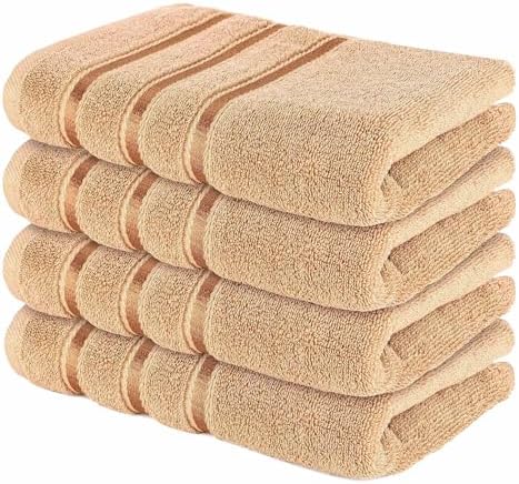 Luxury Hand Towels for Bathroom Set of 4-100% Ring Spun Cotton 600 GSM, Soft & Absorbent, Viscose Stripe, 16x28 Inch (Beige)