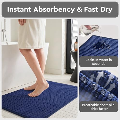 tchdio Bath Mat, Absorbent Bathroom Mat Quick Dry, Thin Bathroom Rugs Fit Under Door, Non Slip Washable Bath Rugs with Solid Rubber Backing, Low Profile Bath Mats for Bathroom, Blue, 20" x 32"