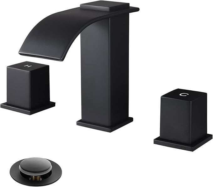 Luxury Brass Widespread Waterfall Bathroom Sink Faucets for 3 Hole 2-Handle 8 Inch Deck Vanity Faucet, &Stainless Steel Pop-up Drain Assembly, Matte Black