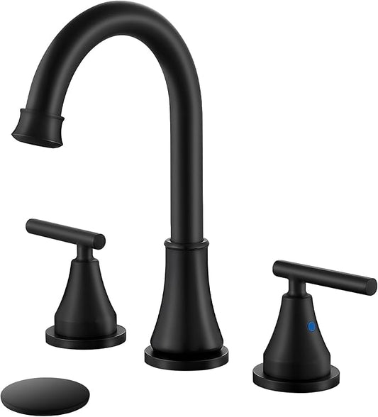 Widespread Bathroom Faucet 3 Hole, 8 inch Bathroom Sink Faucet with Pop-up Drain and Supply Lines, Two Handles, Stainless Steel, Matte Black