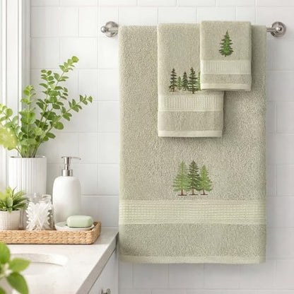 3 Pcs Rustic Pine Trees Bathroom Towel Set Farmhouse Embroidered Pine Trees Towels Vintage Decorative 100% Cotton Bath Towel Highly Absorbent Elegant Summer Decor Set for Bathroom