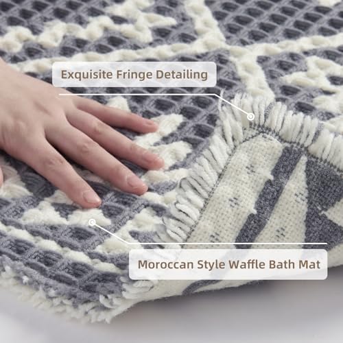 PADOOR-Waffle Bathroom Runner 24"x72", Super Absorbent Bath Mats for Bathroom, Machine Washable Non Slip Bath Rug with Tassels, Soft Bath Mat for Laundry Room, Bedroom, Grey & Cream, 2'x 6'