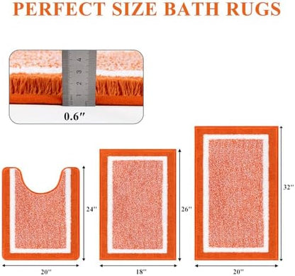 Pauwer 3 Piece Bathroom Rug Set, Non Slip Washable Bath Mat, Orange