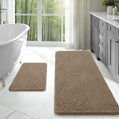 OLANLY Chenille Bathroom Rugs Mats Sets 2 Piece, 47"x20"+24"x16", Tan