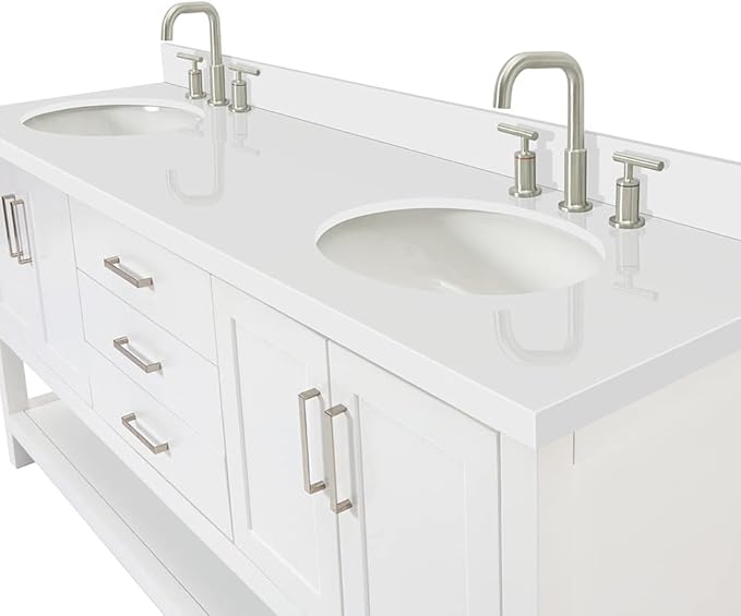 ARIEL Magnolia 72-inch Bathroom Vanity with Sink,Solid Wood, 1.5-inch Pure White Quartz Countertop & Backsplash, Double Rectangular Porcelain Sink, 4 Soft Closing Doors, 3 Dovetail Drawers, White