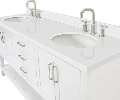 ARIEL Magnolia 72-inch Bathroom Vanity with Sink,Solid Wood, 1.5-inch Pure White Quartz Countertop & Backsplash, Double Rectangular Porcelain Sink, 4 Soft Closing Doors, 3 Dovetail Drawers, White