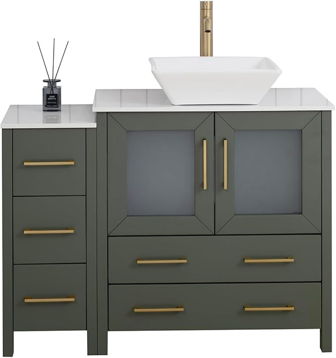Vanity Art 42 Inch Vessel Single Sink Bathroom Vanity Cabinet with 1 Mirror, Engineered Marble Top Bathroom Cabinet Compact Set with 5 Dovetail Drawers and Soft Closing Doors, VA3130-42VG