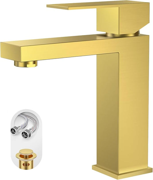 Phiestina Single Hole Brushed Gold Square Single Handle Bathroom Vanity Faucet with Metal pop up Drain with Deck Plate, Overflow & Water Supply line,BF3530-BG
