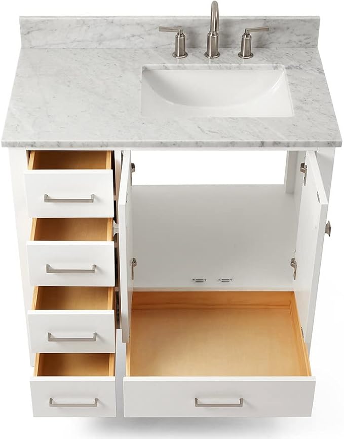 ARIEL Cambridge 36-inch Bathroom Vanity with Sink,Solid Wood, 0.75-inch Italian Carrara Marble Countertop, Single Rectangular Porcelain Sink, 2 Soft Closing Doors, 5 Dovetail Drawers, White