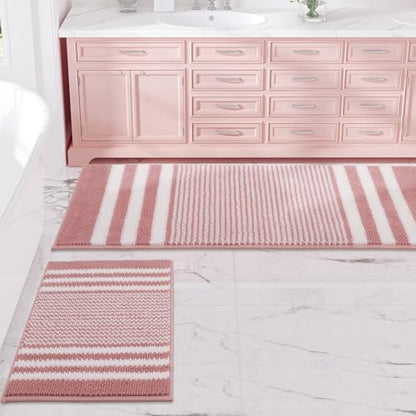 BSICPRO Bathroom Rugs Sets 2 Piece, Non Slip Striped Bath Mats, Dusty Pink