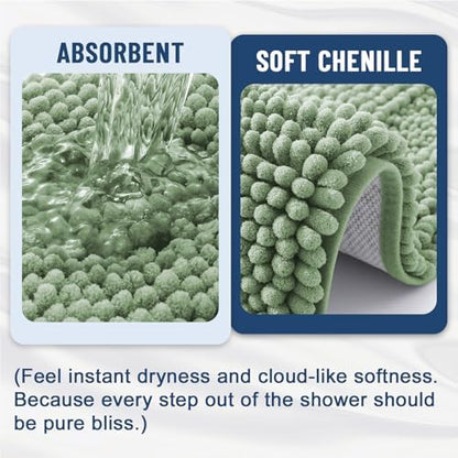 Grandaily Chenille Striped Bathroom Rugs 47x20, Extra Thick and Soft Absorbent Bath Mats, Rubber Backing, Plush Shaggy Shower Carpet, Machine Wash Dry, Bath Rug for Bathroom, Grayish Green