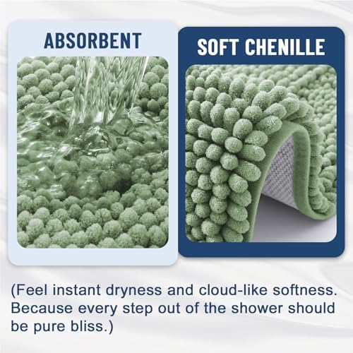 Grandaily Chenille Striped Bathroom Rugs 59x24, Extra Thick and Soft Absorbent Bath Mats, Rubber Backing, Plush Shaggy Shower Carpet, Machine Wash Dry, Bath Rug for Bathroom, Grayish Green