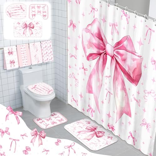FuWeave 8 Pcs Pink Bow Shower Curtain Sets for Bathroom Decor Cute Coquette Bathroom Accessories Bow Knot Aesthetic Girly Shower Curtain Sets with Towels Carpet Bath Mat Toilet Rugs and 12 Hooks