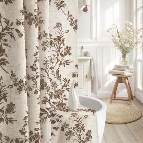 Brown Floral Shower Curtain,Vintage Linen Beige Cottagecore Shower Curtains for Bathroom, 72" W x 72" L