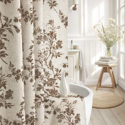 Brown Floral Shower Curtain,Vintage Linen Beige Cottagecore Shower Curtains for Bathroom, 72" W x 72" L