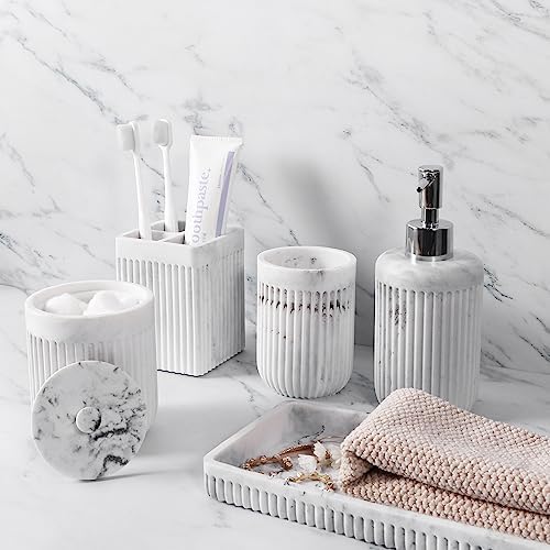XLHOMO Resin White Marble Bathroom Accessories Set 5 Pcs, Lotion Soap Dispenser, Toothbrush Holder, Bathroom Tumbler, Qtip Holder and Vanity Tray, Bathroom Countertop Organizer Set for Home Apartment