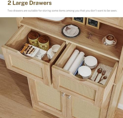 Iwell Tall Storage Cabinet with 2 Drawers & Adjustable Shelves, Rattan Cabinet, Kitchen Storage Cabinet, Pantry Cabinet with 4 Doors, Tall Cabinet for Living Room, Kitchen, Home Office, Natural