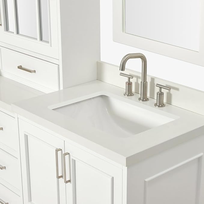 ARIEL Stafford 84-inch Bathroom Vanity with Sink,Solid Wood, 1.5-inch Pure White Quartz Countertop & Backsplash, Double Rectangular Porcelain Sink, 5 Soft Closing Doors, 6 Dovetail Drawers, White