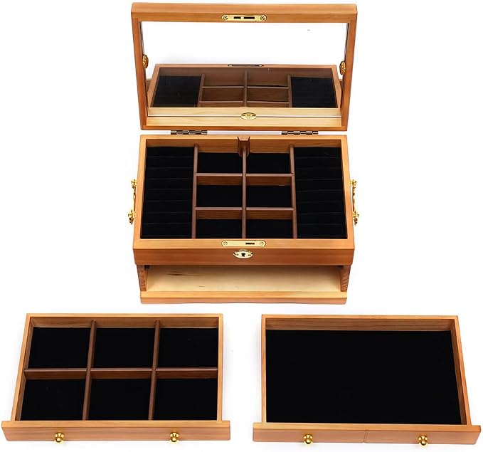 Extra Large 3 Layers Wooden Jewelry Box Jewelry Case Cabinet Armoire Ring Necklacel Gift Storage Box Organizer(3 Layers,W/mirror)