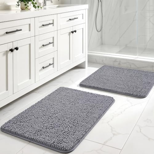 LOCHAS Bathroom Rug Shaggy Bath Mat 2 Piece, 24 x 17 Inch, Grey