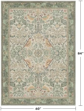 Hazo Haus Washable Sage Green Area Rugs 5x7 for Living Room, Bedroom Bedside, Dining Room, Office, Muted Cream Green Non Slip Stain Resistant Low Pile Botanical Floral Bird French Country Decor