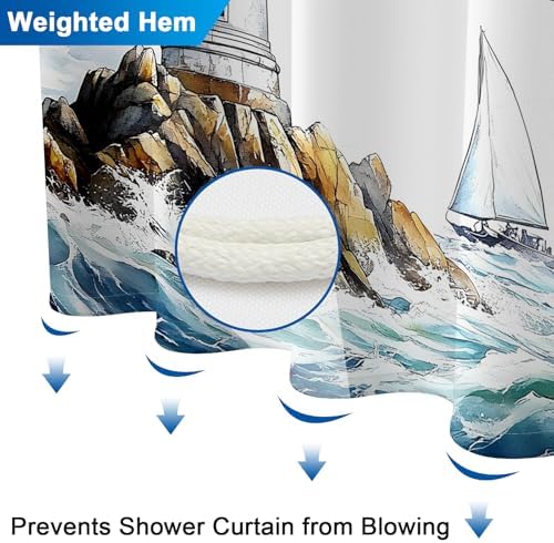 Coastal Lighthouse Shower Curtain with Hooks, Ocean Theme Waterproof Shower Curtains for Bathroom, Metal Grommets & Weighted Hem, Machine Washable Nautical Shower Curtain for Home, 72"W x 72"L