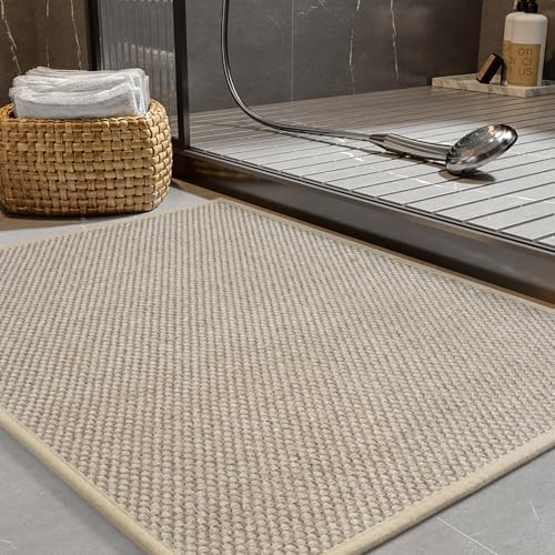 PADOOR Non-Slip Bath-Mats, Rubber-Backing Braided Absorbent Bathroom Mat Machine Washable Thin Bathroom Rugs Fit Under Door Quick Dry Bath Rugs for Floor, 17''x24'' Light Beige