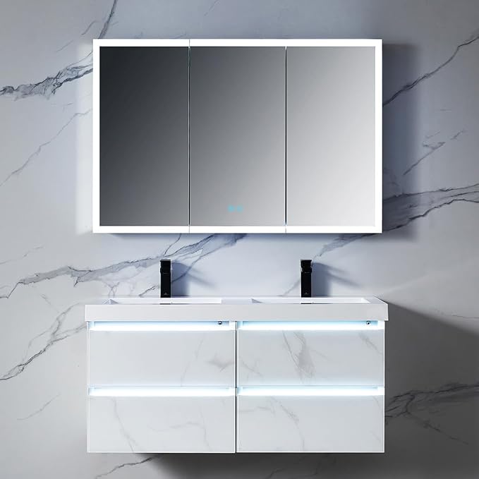 Blossom LED Lighted Mirror Medicine Cabinet, 48x32 Inch, Wall Mounted Recessed or Surface Bathroom LED Medicine Cabinet with Mirror, Makeup Mirror with Lights, Defogger, Adjustable Brightness