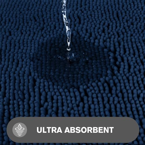 Bathroom Rugs Sets 2 Piece – Absorbent and Washable Bath Mat, Non-Slip, Thick Soft Chenille Bath Rugs for Bathroom Floor, Shower, Sink(17" x 24"+17" x 47", Navy Blue)