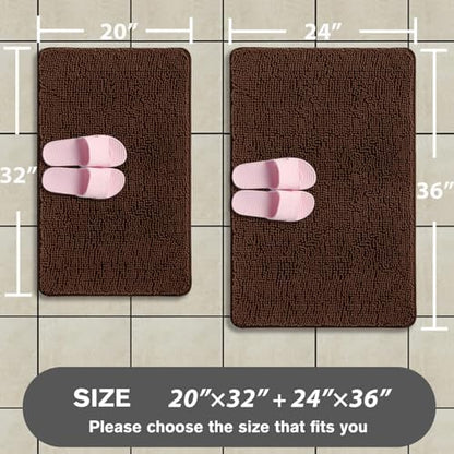 Brown Bathroom Rugs Sets 2 Piece – Absorbent and Washable Bath Mat, Non-Slip, Thick Soft Chenille Bath Rugs for Bathroom Floor, Shower, Sink - 20" x 32"+24" x 36"