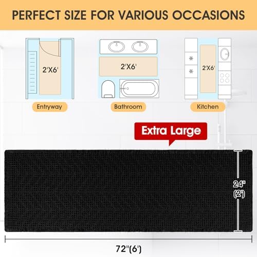 IM HOME Extra Large Waffle Bath Mat, Boho Bathroom Rugs Absorbent Non Slip, Ultra Soft Bathroom Mat, Machine Washable Knit Bath Rugs with Herringbones for Bathroom, Bedroom, Kitchen, 6'x2', Black