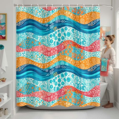 Boho Abstract Ocean Wave Beach Shower Curtain 72x72Inch
