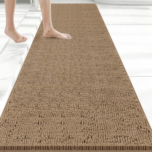 Bcoimo Bath Rug Mat,60x24 Chenille Non Slip Tan Long Bathroom Runner Rugs