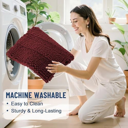 Grandaily Chenille Striped Bathroom Rugs 36x24, Extra Thick and Soft Absorbent Bath Mats, Rubber Backing, Plush Shaggy Shower Carpet, Machine Wash Dry, Bath Rug for Bathroom, Reddish Brown