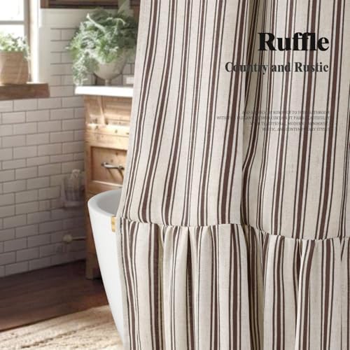 Farmhouse Shower Curtain Ruffle Linen Cream-Brown Stripe 72"W x 90"L