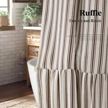 Farmhouse Shower Curtain Ruffle Linen Cream-Brown Stripe 72"W x 90"L