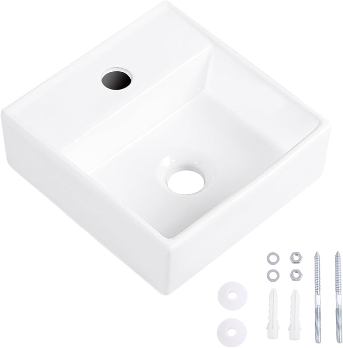 Small Vessel Sink 11"x12" Wall Mount Bathroom Sink Wall Mounted Rectangular Wall Hung Mini White Porcelain Ceramic Floating Tiny Sink,Easy Install, Durable, Space-Saving, Ideal for Home,RV