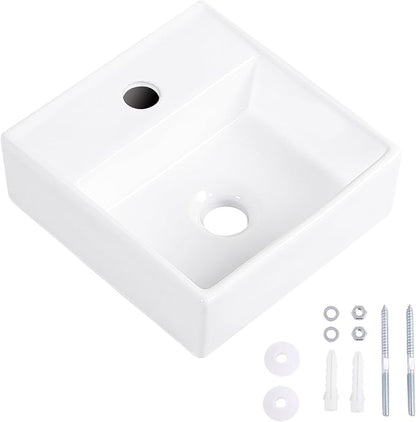 Small Vessel Sink 11"x12" Wall Mount Bathroom Sink Wall Mounted Rectangular Wall Hung Mini White Porcelain Ceramic Floating Tiny Sink,Easy Install, Durable, Space-Saving, Ideal for Home,RV