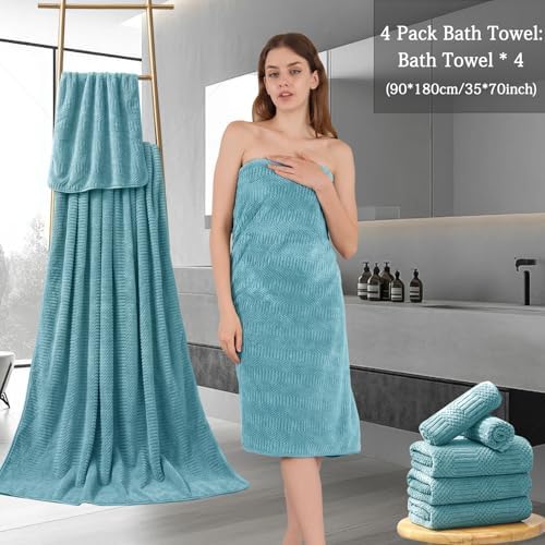 Ycosy 4 Pack Extra Large Microfiber Bath Towels Set,35x70 inches,600GSM,Less Lint Highly Absorbent Super Soft & Quick Dry,Oversized Bath Towels,Perfect for Bathroom Gym Pool,Turquoise