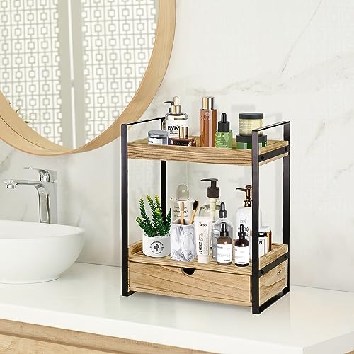 Ukonvi 2-Tier Bathroom Organizer Countertop with Drawer, Wood Counter Shelf for Storage, Vanity Tray for Organization and Decor, Countertop Organizer for Bathroom, Kitchen, Office (Brown)