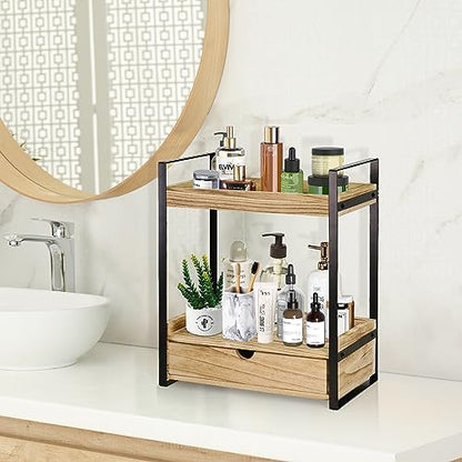 Ukonvi 2-Tier Bathroom Organizer Countertop with Drawer, Wood Counter Shelf for Storage, Vanity Tray for Organization and Decor, Countertop Organizer for Bathroom, Kitchen, Office (Brown)