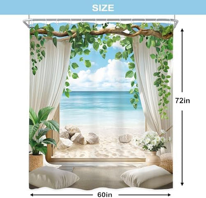 Ocean Coastal Blue Sea Beach Beachy Tropical Bathroom Shower Curtain Set