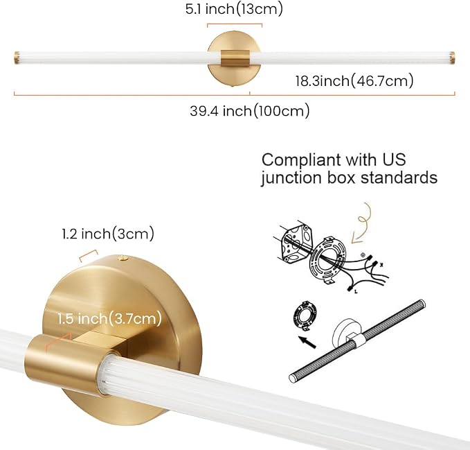 Gold Bathroom Vanity Lights 39" Long LED Vanity Light Bar | 360° Bright Bathroom Lights, Dimmable Vanity Light, Hardwired Wall Light 3000K Warm White for Mirror
