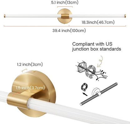 Gold Bathroom Vanity Lights 39" Long LED Vanity Light Bar | 360° Bright Bathroom Lights, Dimmable Vanity Light, Hardwired Wall Light 3000K Warm White for Mirror