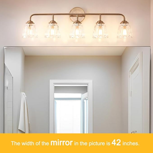 5-Light Vintage Vanity Light, Brushed Brass Vanity Lighting, Elegant Bathroom Lighting Fixtures Over Mirror, Bathroom Vanity Light with Clear Glass Shade, Gold Wall Sconce for Bedroom