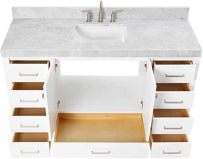 ARIEL Cambridge 60-inch Bathroom Vanity with Sink,Solid Wood, 2-inch Italian Carrara Marble Countertop, Single Rectangular Porcelain Sink, 2 Soft Closing Doors, 9 Dovetail Drawers, White