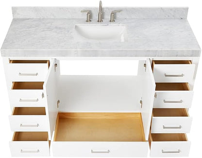 ARIEL Cambridge 60-inch Bathroom Vanity with Sink,Solid Wood, 2-inch Italian Carrara Marble Countertop, Single Rectangular Porcelain Sink, 2 Soft Closing Doors, 9 Dovetail Drawers, White