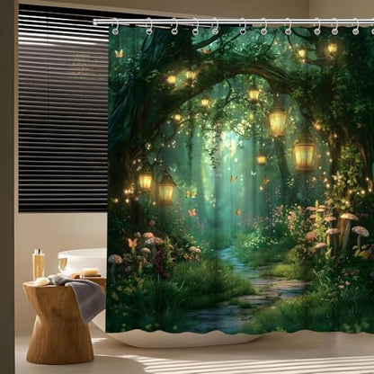 Fantasy Forest Path Shower Curtain Fairy Magical Enchanted Misty Jungle Mushroom Floral Tree Butterfly Lantern Wonderland Bath Curtain Fabric Bathroom Accessories Decor with Hooks 70W x70L