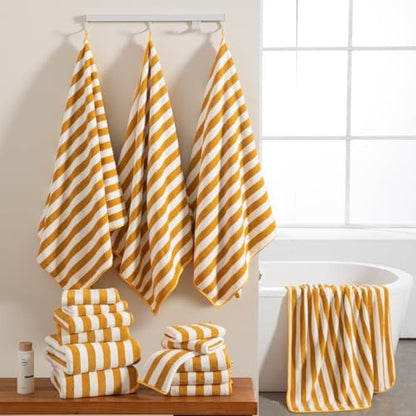 18 Pcs Yellow Stripe Bath Towel Set with Hanging Loop-6 Bath Towels,6 Hand Towels,6 Washcloths Soft Family Towel Set Bathroom Towel Highly Absorbent Quick Dry Shower Towel for Beach Spa Gym Hotel